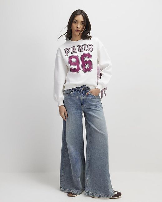 River Island Gray Sweatshirt Long Sleeve Paris Bow Cotton