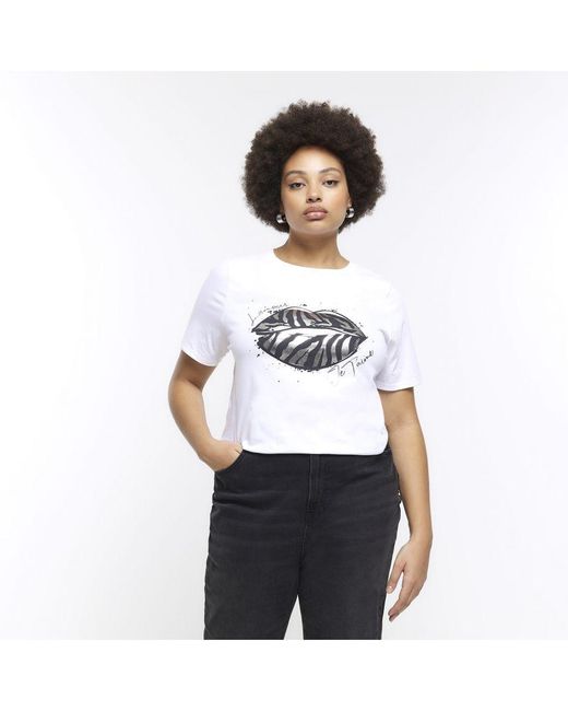 River Island White T-Shirt Plus Zebra Lips Print Tee Cotton