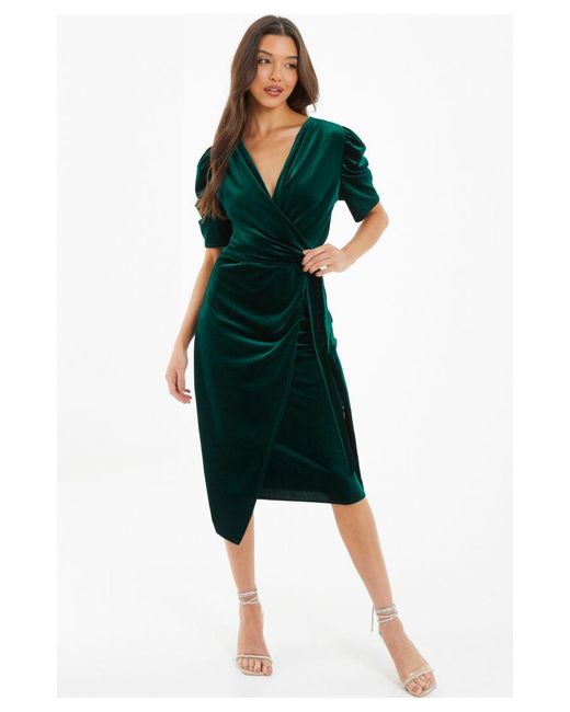 Quiz Green Bottle Velvet Wrap Midi Dress