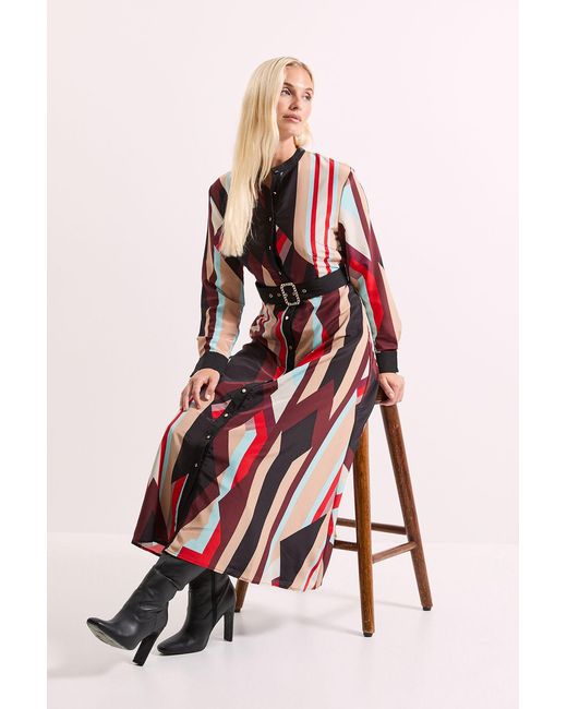 PRINCIPLES Red Contrast Collar Printed Belted Midi Dress