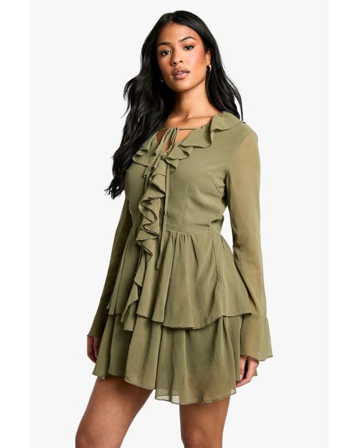 Boohoo Tall Chiffon Ruffle Plunge Skater Dress in Green Lyst UK