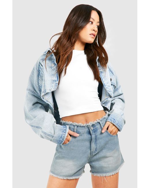 Boohoo Blue Tall Washed Low Rise Frayed Shorts