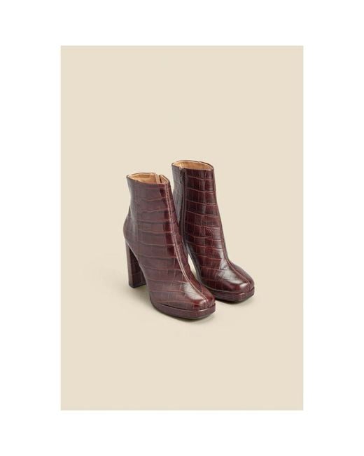 Sosandar Natural Chocolate Croc Leather Block Heel Platform Ankle Boot