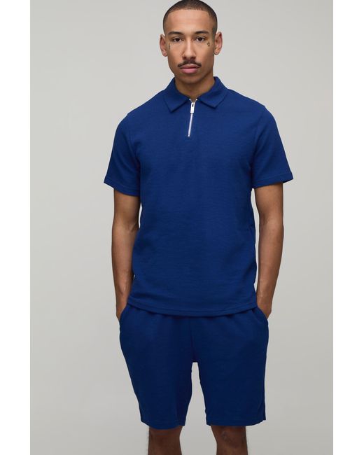 BoohooMAN Blue Slim Fit Waffle Zip Neck Polo & Shorts Set for men