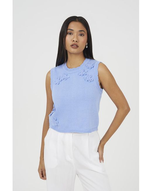 Brave Soul Blue Knitted Crew Neck Tank With Crochet Flowers