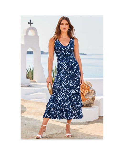 Sosandar Blue Spot Print Tiered Hem Fit & Flare Jersey Dress