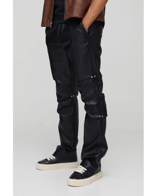 BoohooMAN Black Elasticated Waist Pu Slim Flare Ruched Pants for men