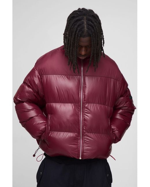 BoohooMAN Red Boxy Fit High Shine Nylon Mix Funnel Neck Puffer Jacket for men