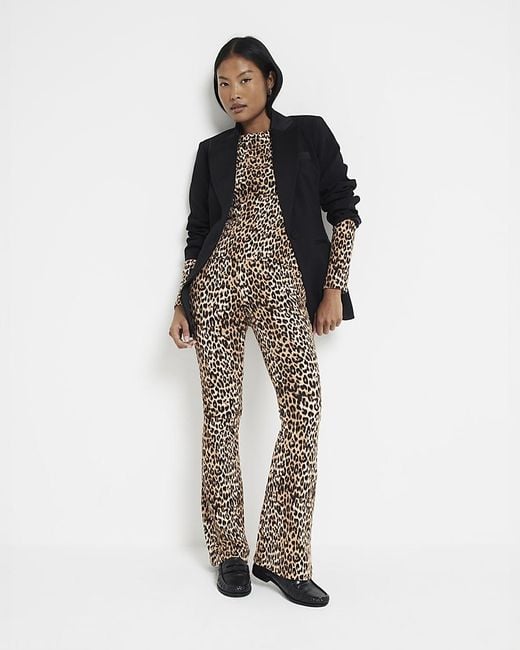 River Island Brown Petite High Waisted Rib Flare Leggings