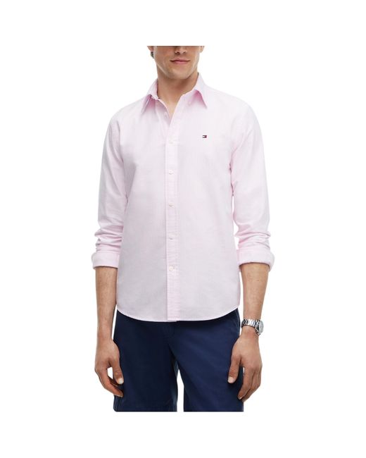 Tommy Hilfiger White Oxford Shirts Ithaca Stripe Regular Long Sleeve Cotton Shirt for men