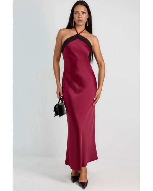 Hiccup Red Maxi Dress With Halter Collar And Lace Detail