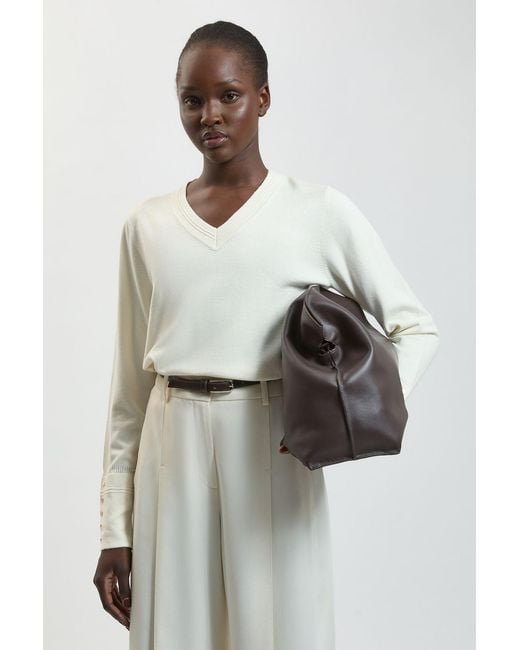 Karen Millen White Forever Viscose Blend Knitted Stitch Detail V Neck Long Sleeve Jumper