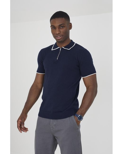 Brave Soul Blue Dark 'Polack' Short Sleeve Knitted Polo Shirt for men