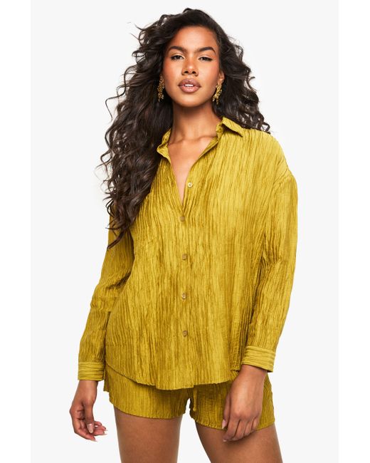 Boohoo Yellow Woven Crinkle Oversized Shirt
