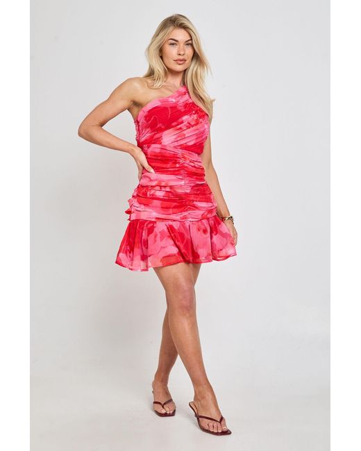 Boohoo Red Chiffon Ruched One Shoulder Floral Mini Dress