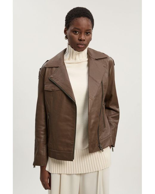 Karen Millen Brown Leather Minimal Biker Jacket