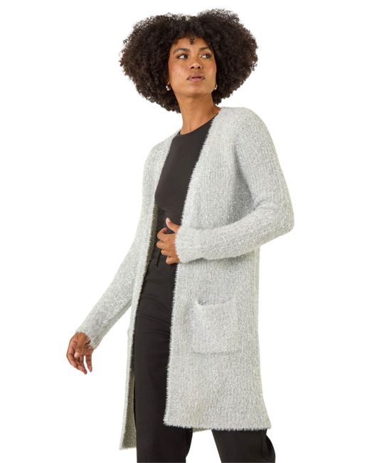 Roman Gray Metallic Longline Knit Cardigan