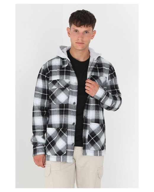 Brave Soul White 'Crown' Checked Shacket With Jersey Hood for men