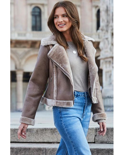 Sosandar Brown Mink Faux Shearling Aviator Jacket