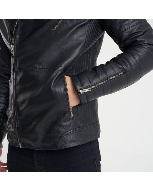Barney's Originals Blue Ribbed Sleeve Real Leather Jacket for men