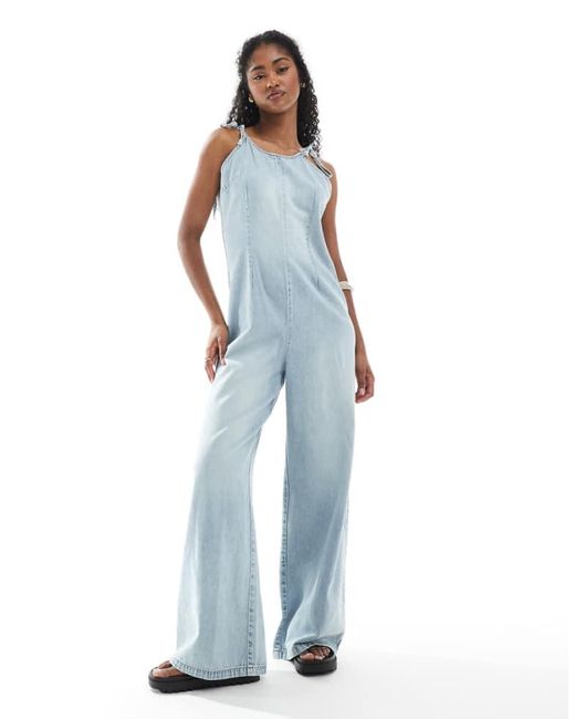 Monki Blue Lightweight Denim Halter Neck Jumpsuit