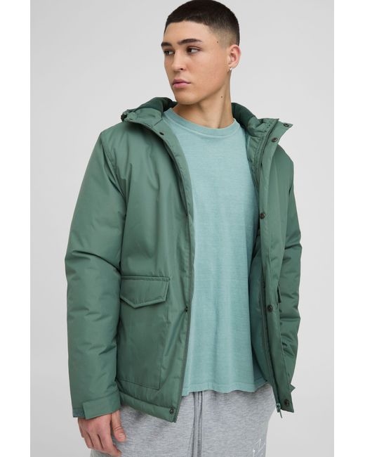 BoohooMAN Green Regular Fit Hooded Parka Jacket for men