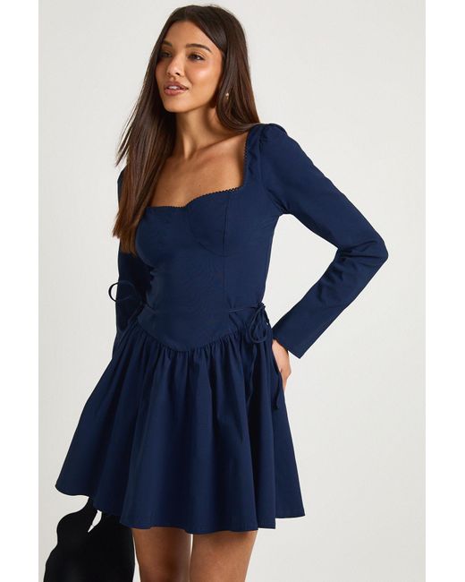 Boohoo Blue Long Sleeve Tie Waist Skater Mini Dress