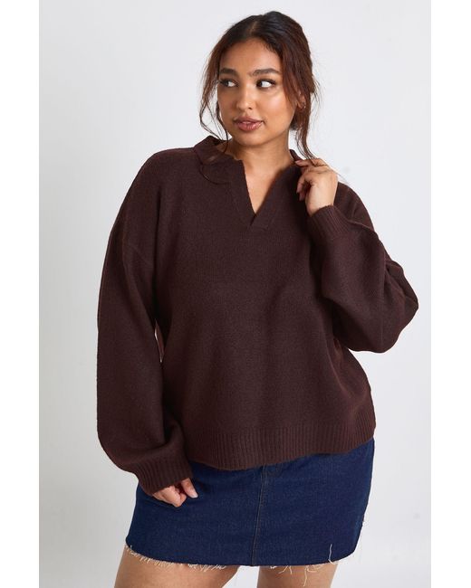 Boohoo Brown Plus Collared V Neck Knit Top