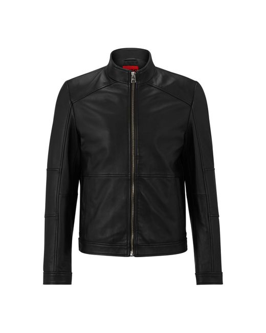 HUGO Black Lokis Zip Up Leather Biker Jacket for men