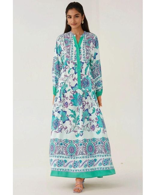 Hiccup Blue Printed Long Sleeve Viscose Maxi Dress