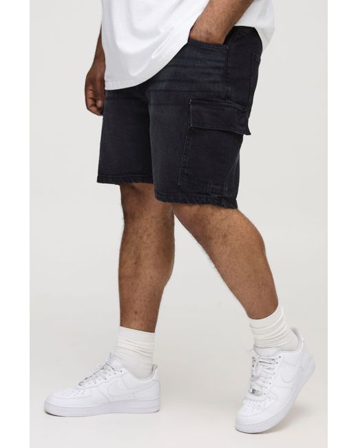BoohooMAN Black Plus Slim Rigid Cargo Denim Shorts for men
