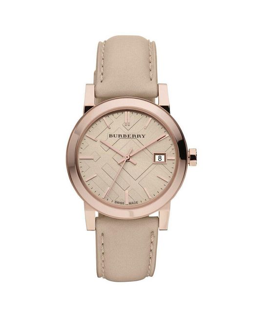 Burberry Metallic Bu9109 Rose Tone Check Dial Watch Leather
