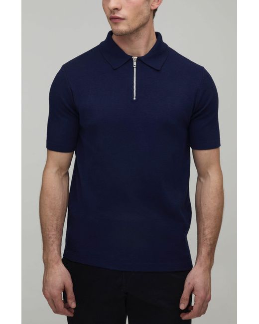 BoohooMAN Blue Basic Muscle Fit Soft Touch 1/4 Zip Knitted Polo for men