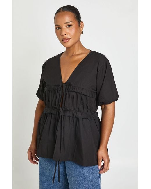 Boohoo Black Plus Ruched Tie Front Detail Short Sleeve Smock Top
