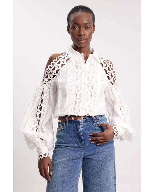 Karen Millen Blue Tape Detail Cold Shoulder Woven Blouse