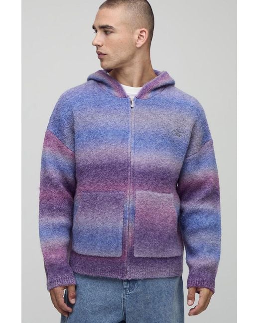 BoohooMAN Purple Oversized Boxy Fit Ombre Stripe Knitted Zip Through Hoodie for men