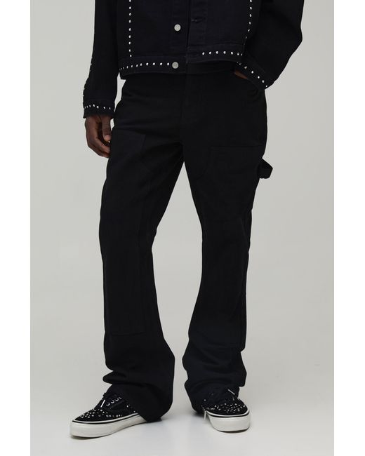 BoohooMAN Black Slim Fit Flare Stacked Herringbone Twill Trousers for men