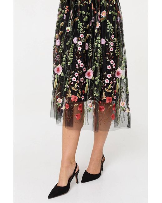 Izabel London Black Floral Embroidered Mesh Midi Dress