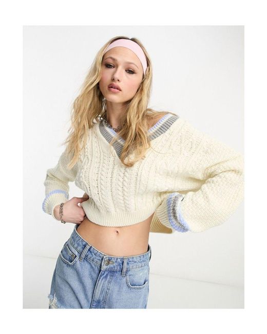 ASOS White V Neck Cropped Cable Jumper With Contrast Tipping