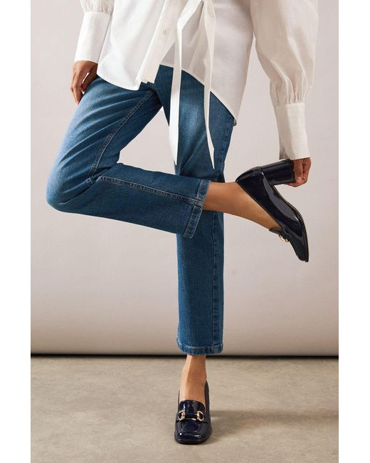 Wallis Blue Faux Patent Leather Snaffle Detail Mid Block Heel Loafers