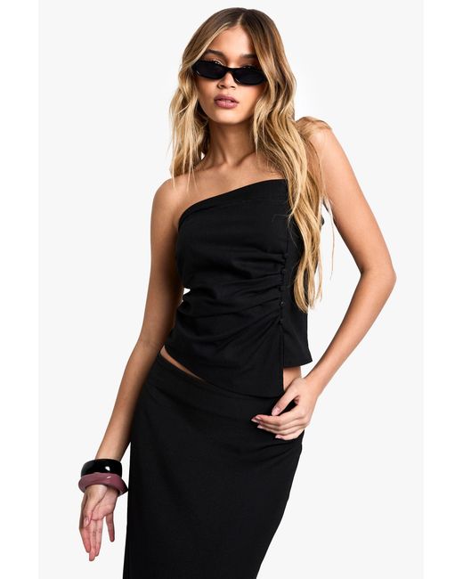 Boohoo Black Linen Bandeau Button Detail Top