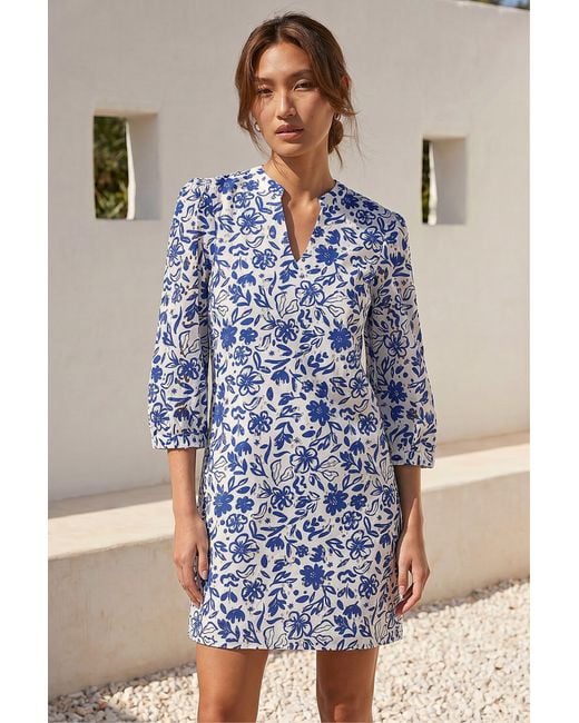 Roman Blue Floral Print V-Neck Shirt Dress