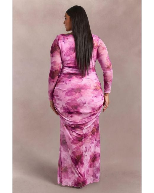 Boohoo Pink Plus Floral Ruched Mesh Maxi Dress