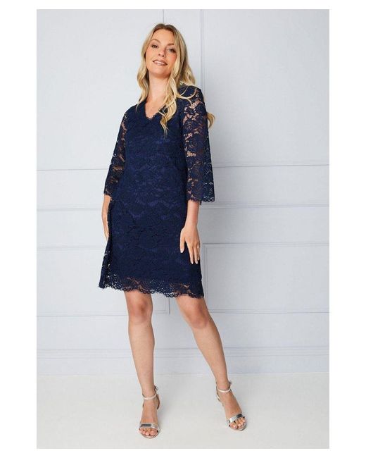 Wallis Blue Lace ¾ Sleeve Shift Dress