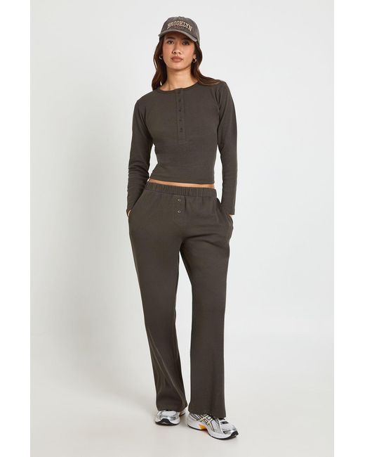 Boohoo Gray Cotton Button Through Crew Neck Top & Trouser Co Ord