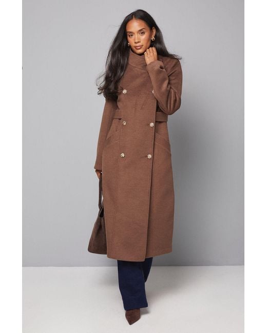 Wallis Brown Double Breasted Tab Detail Funnel Coat