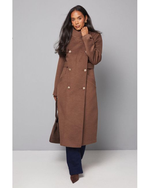 Wallis Brown Double Breasted Tab Detail Funnel Coat