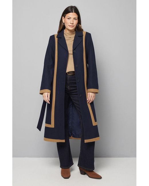 Wallis Blue Contrast Detail Belted Coat