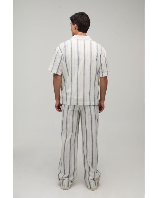 BoohooMAN Gray Lightweight Woven Gauze Stripe Oversized Shirt & Baggy Trouser Set for men