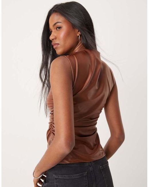 ASOS Brown Wetlook Ruched High Neck Top Co Ord